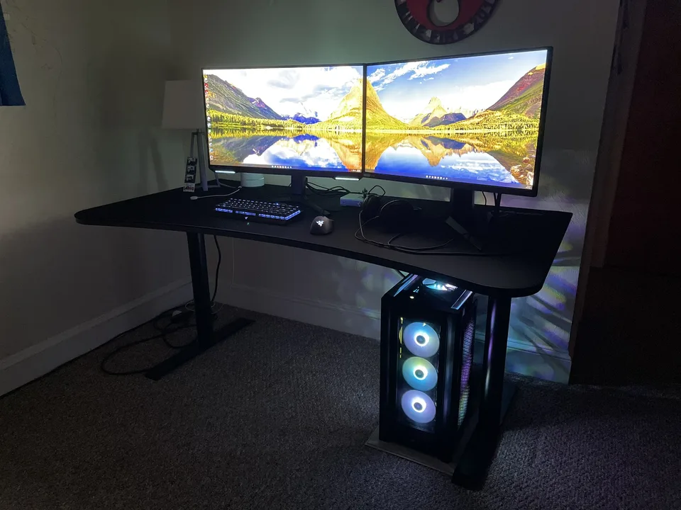 A Foxworx custom desktop and dual-monitor setup, ready for work and gaming